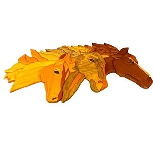 INTARSIA WOODCRAFTS WOODEN SCULPTED WALL ART 3 HORSE HEAD